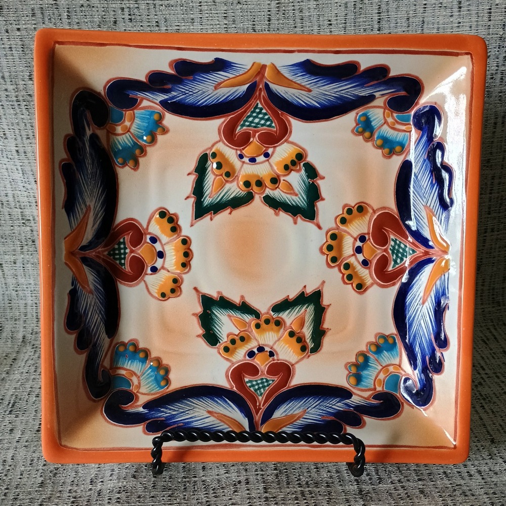 Mexican Talavera Square Pottery Dish Hand Painted Floral Folk Art Signed Mexico
